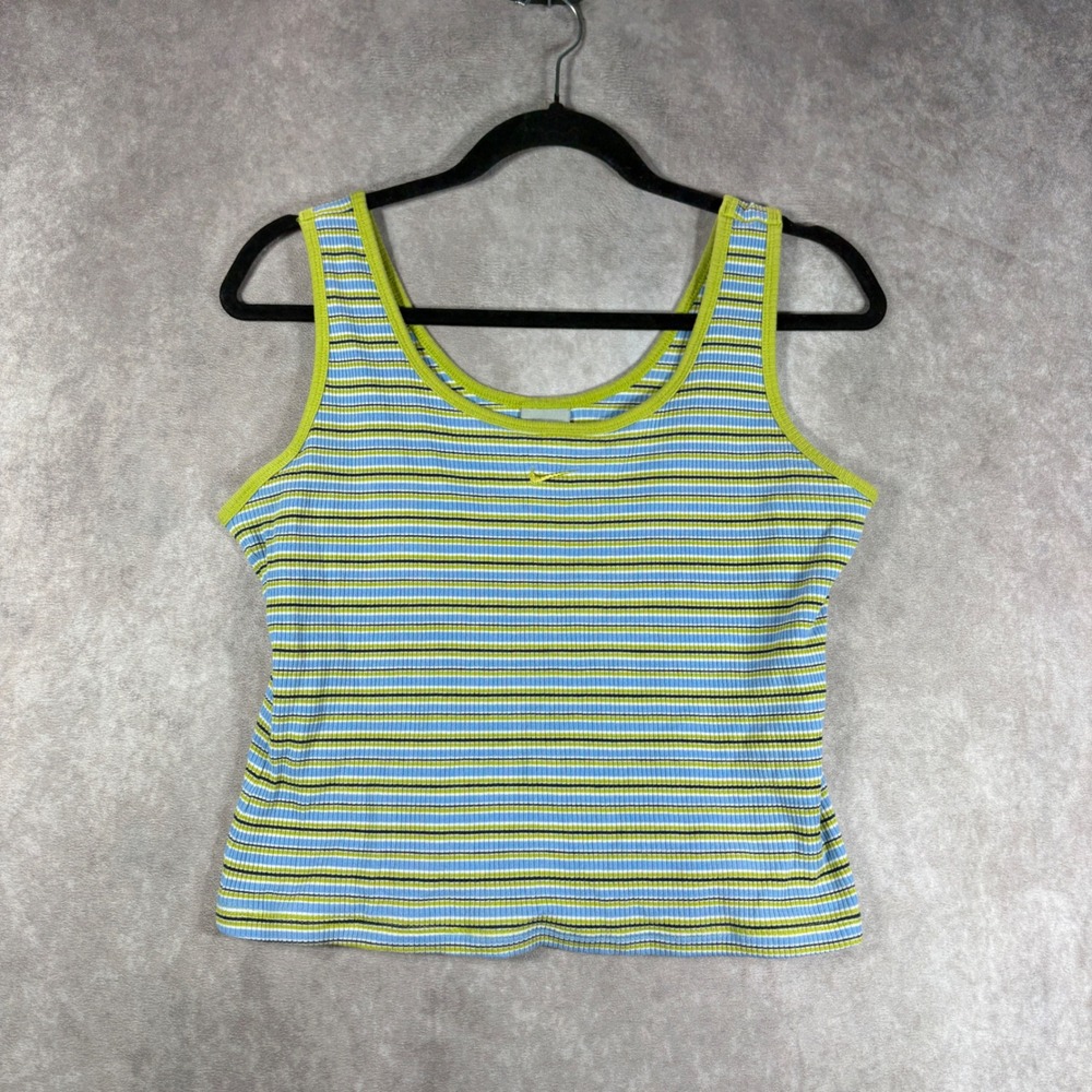 Vintage Nike Tank Top Women Large Blue Striped Y2K Ribbed Cotton Blend Swoosh